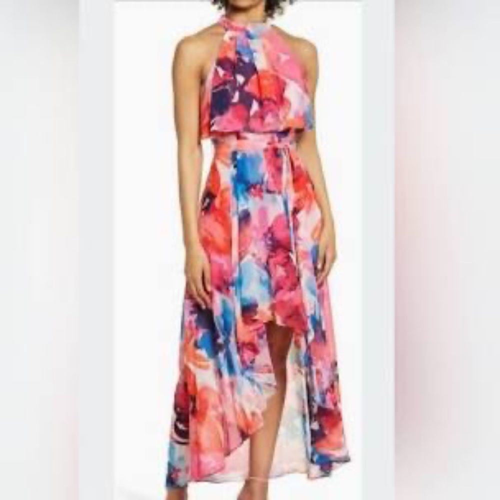 Eliza J Pink Watercolor‎ Flowy Halter Neck Asymmetrical Dress Sz 8